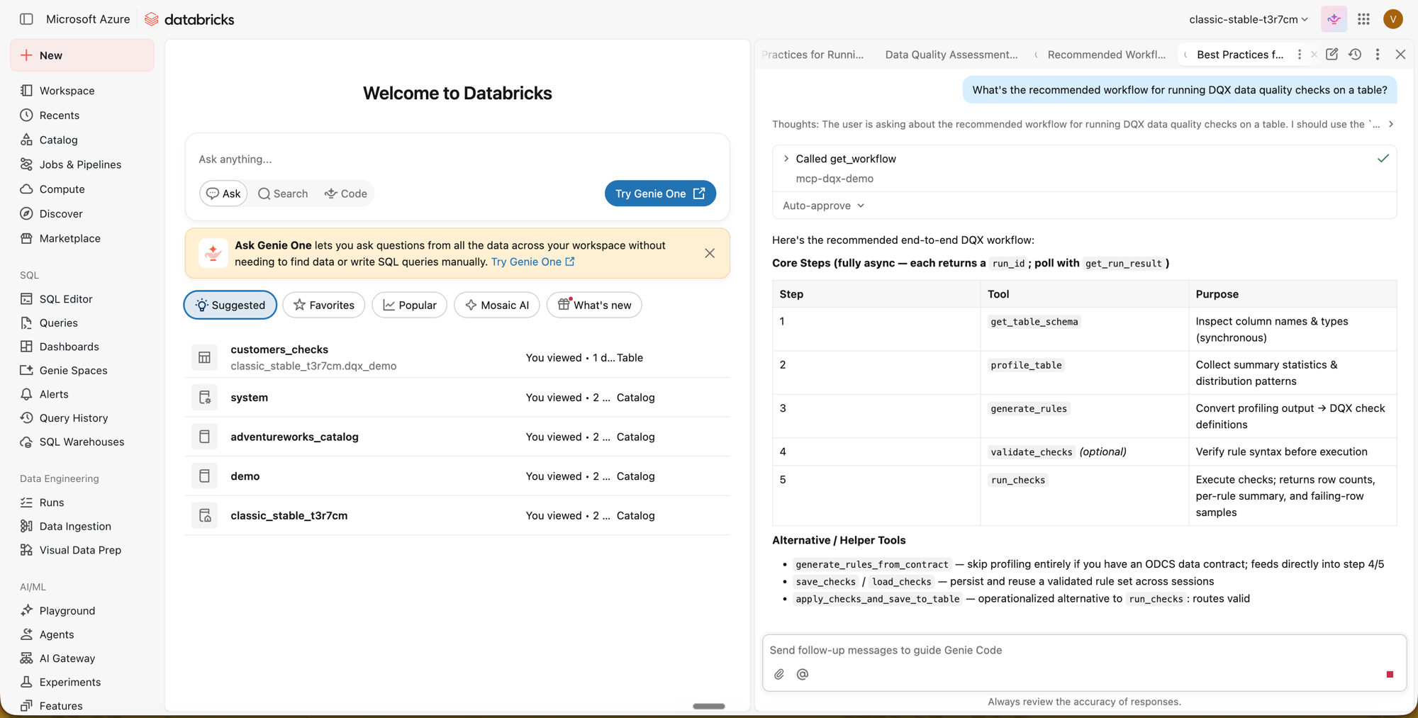 A Genie Code conversation calling a DQX tool, showing the per-conversation approval control