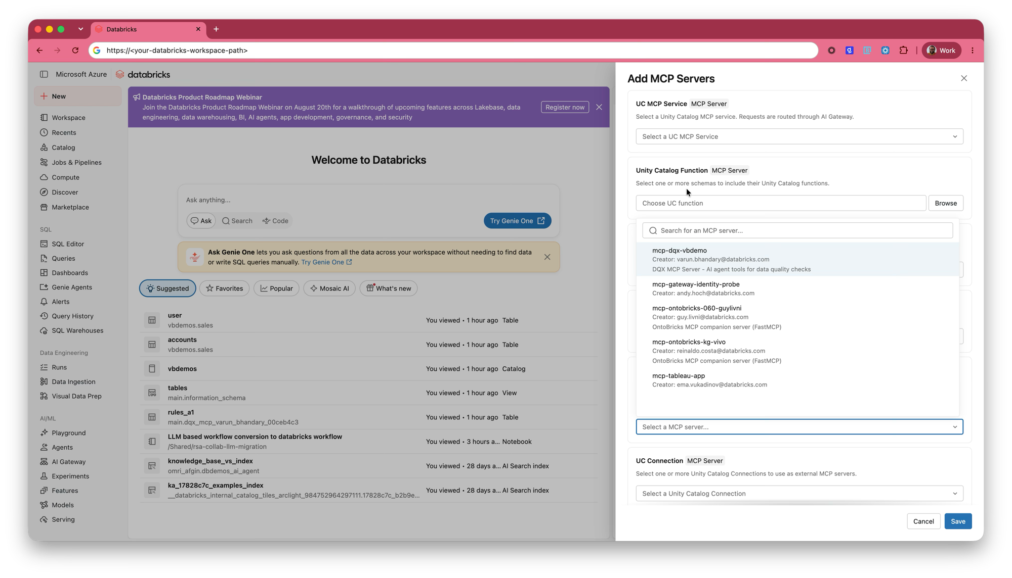 The Add MCP Servers panel with the Databricks App picker open, showing the DQX MCP server in the searchable list