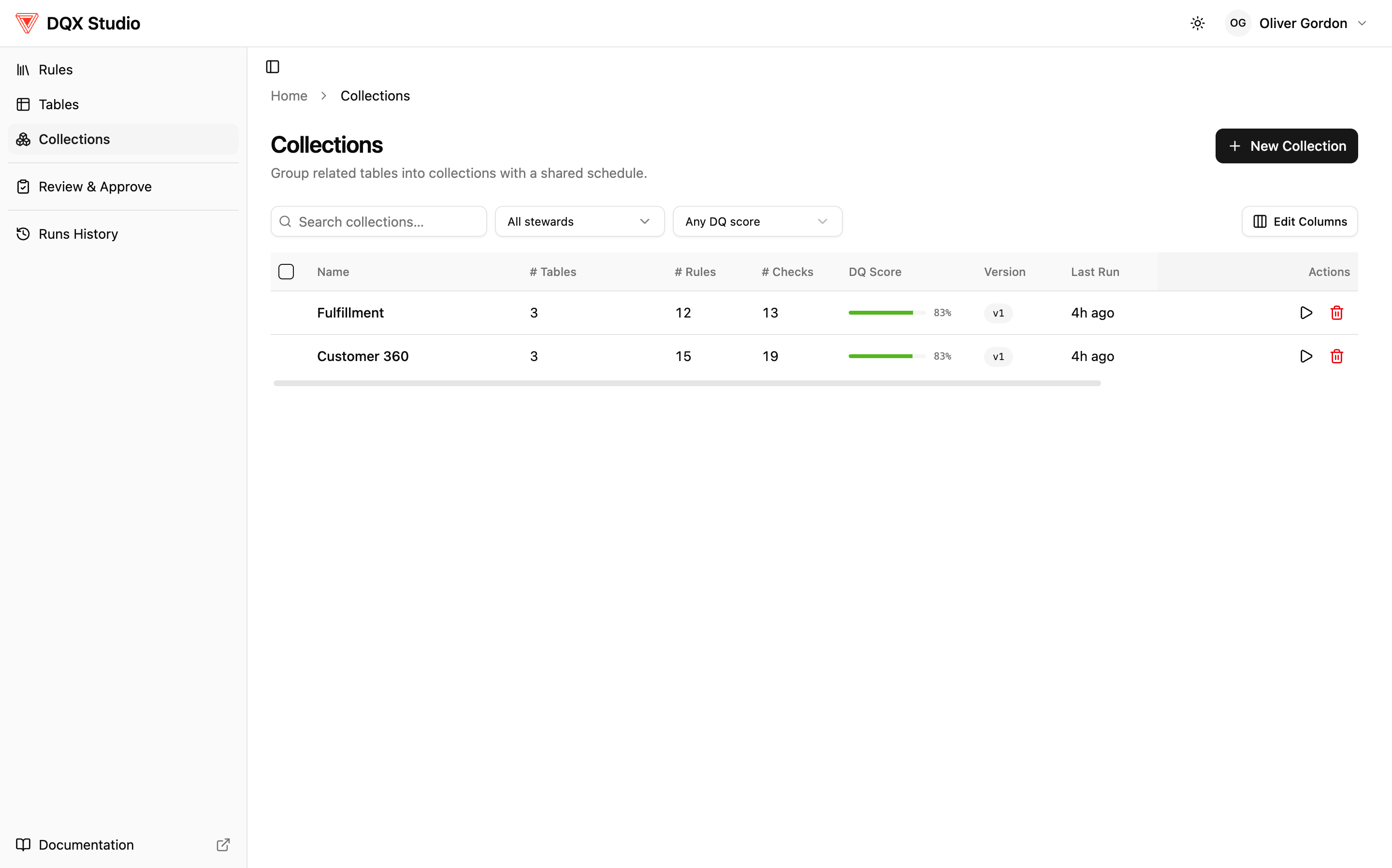 Collections list showing collections such as Fulfillment and Customer 360 with table counts, rule counts, check counts, and a data-quality score for each