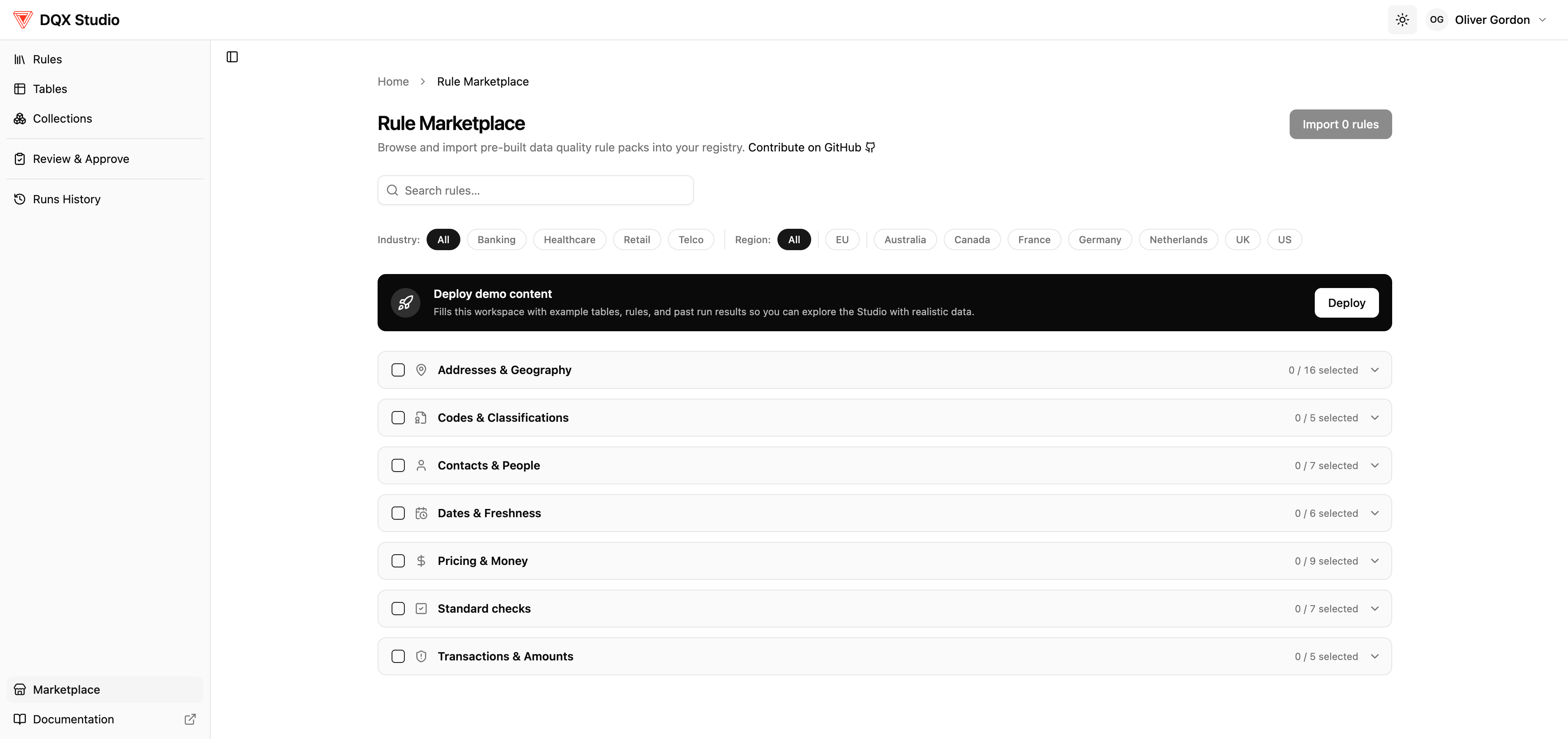 Rule Marketplace page: industry and region filters, a search box, and domain-grouped rule packs