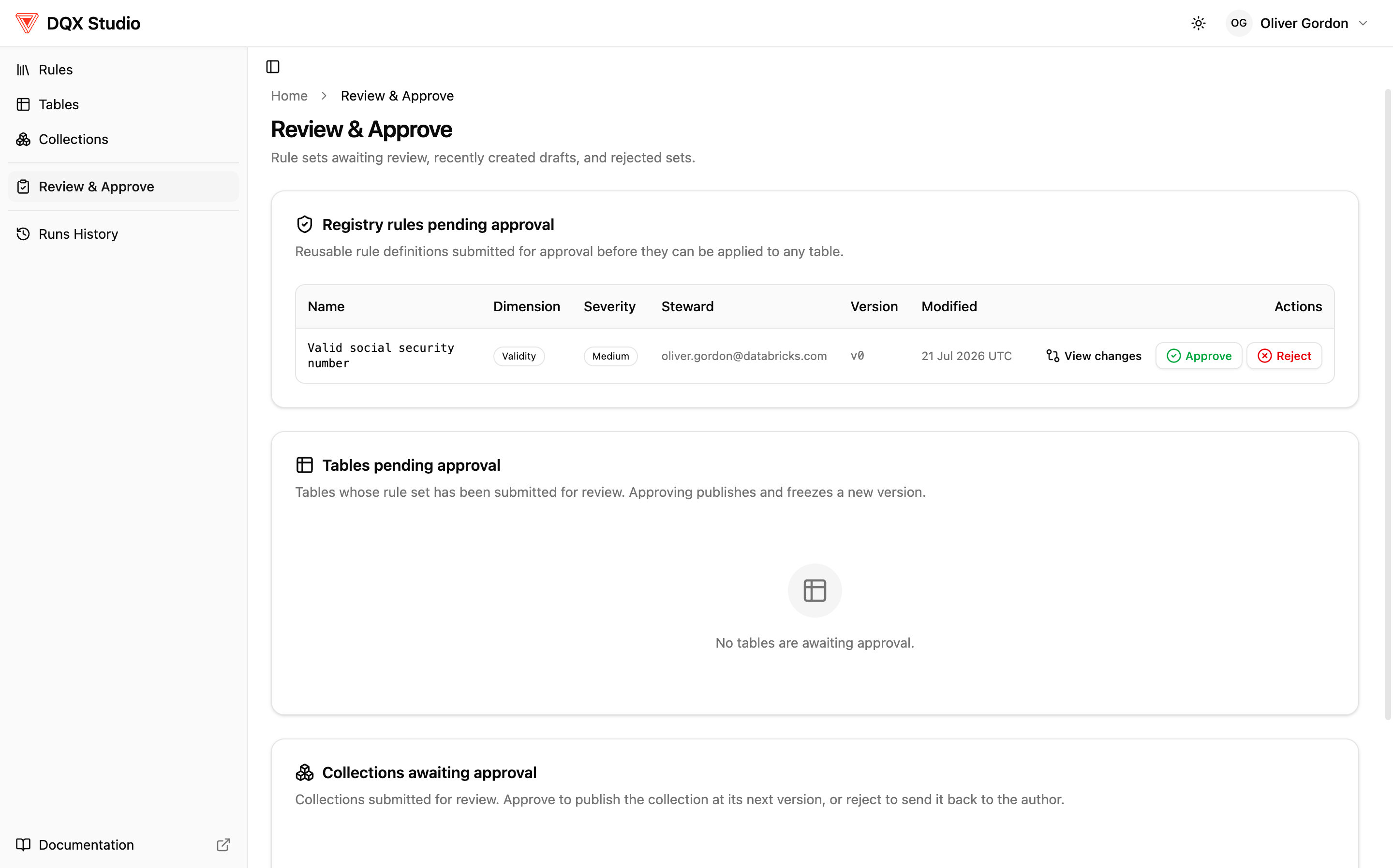 Review & Approve page listing a pending rule with Approve, Reject, and View changes actions