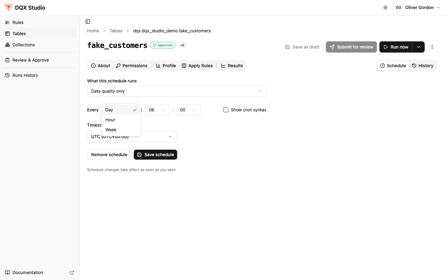 The schedule editor: an hourly/daily/weekly cadence picker with a time and timezone, a cron option, and Save and Remove schedule buttons