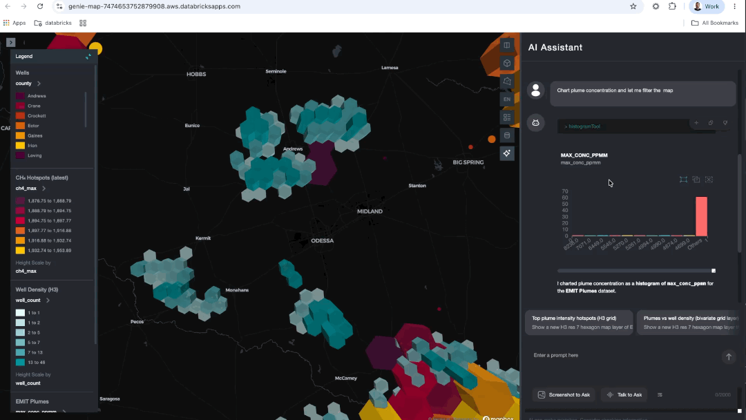 Animated demo: asking the assistant to chart plume concentration, then brushing a range on the histogram to cross-filter the EMIT plumes on the map in real time