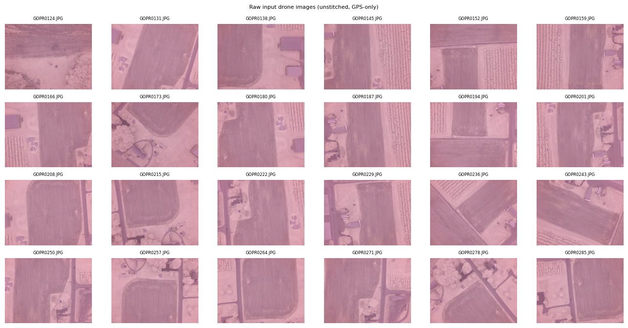 Contact sheet of 24 evenly spaced raw drone frames from the Old Orchard survey: unstitched, GPS-only, with a pink color cast (Part 1a).