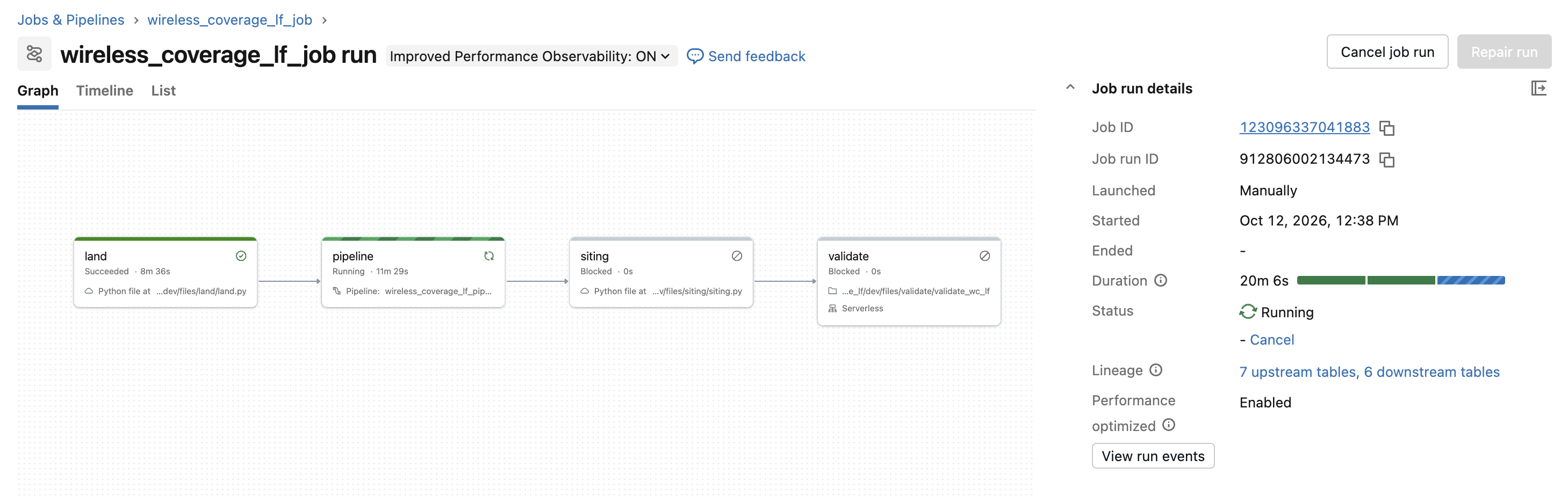 The wireless_coverage_lf_job run graph in Databricks: the land, pipeline, siting, and validate tasks chained left to right, all on Serverless.