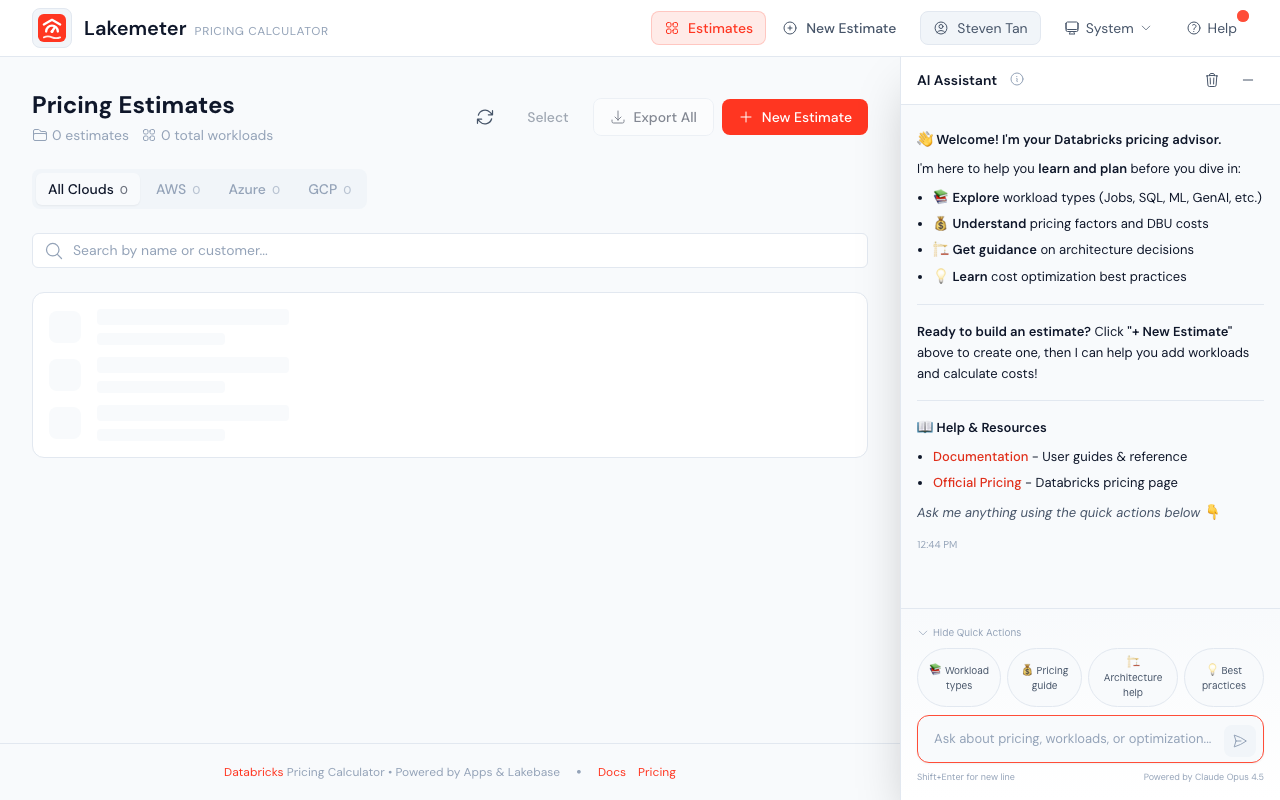 Lakemeter estimates list — create and manage your cost estimates