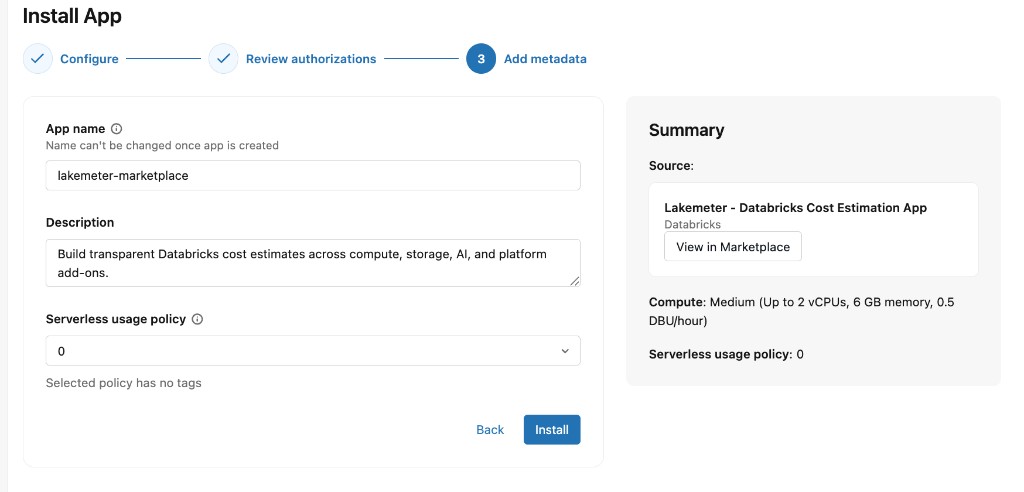 Add the app metadata and install Lakemeter