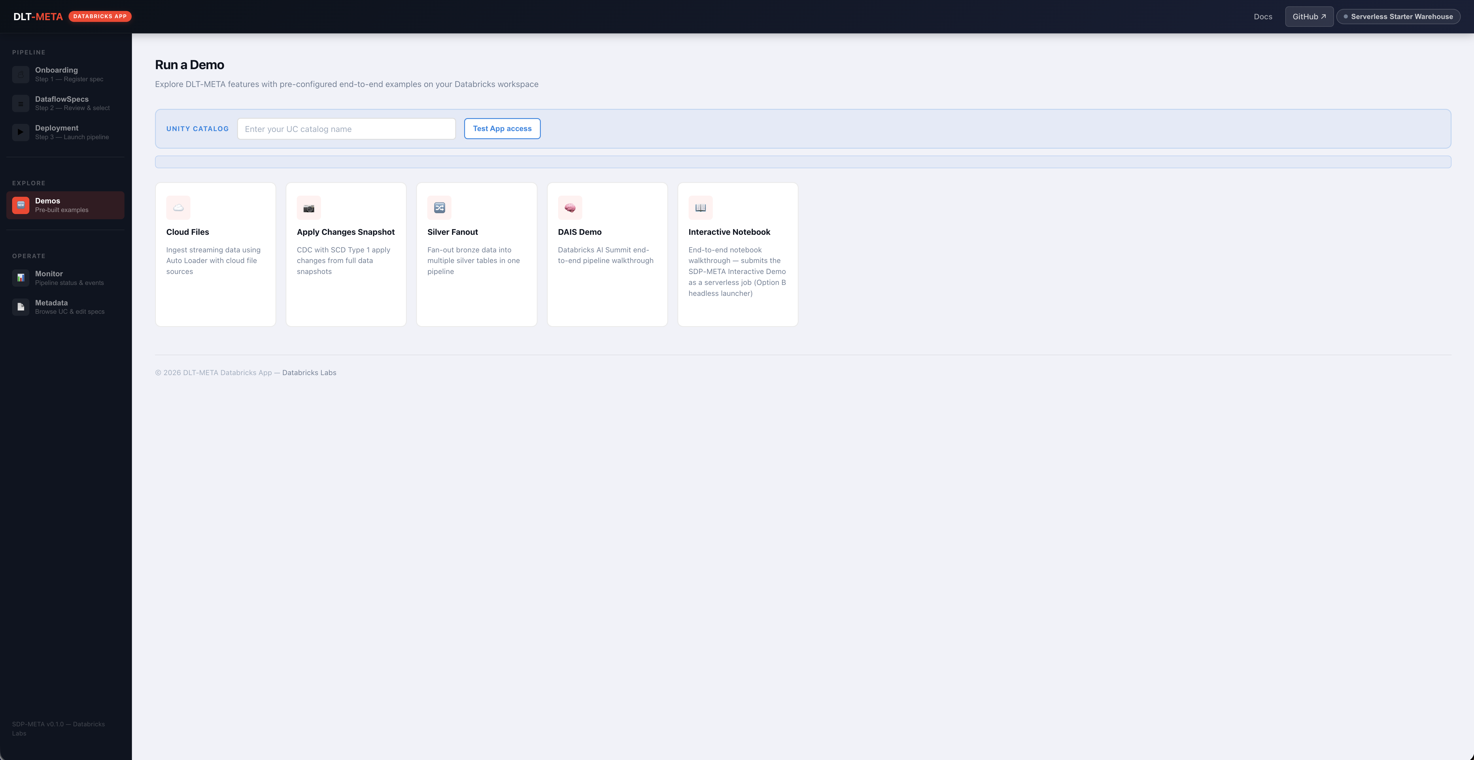 Demos panel — Test App access plus the demo launch tiles