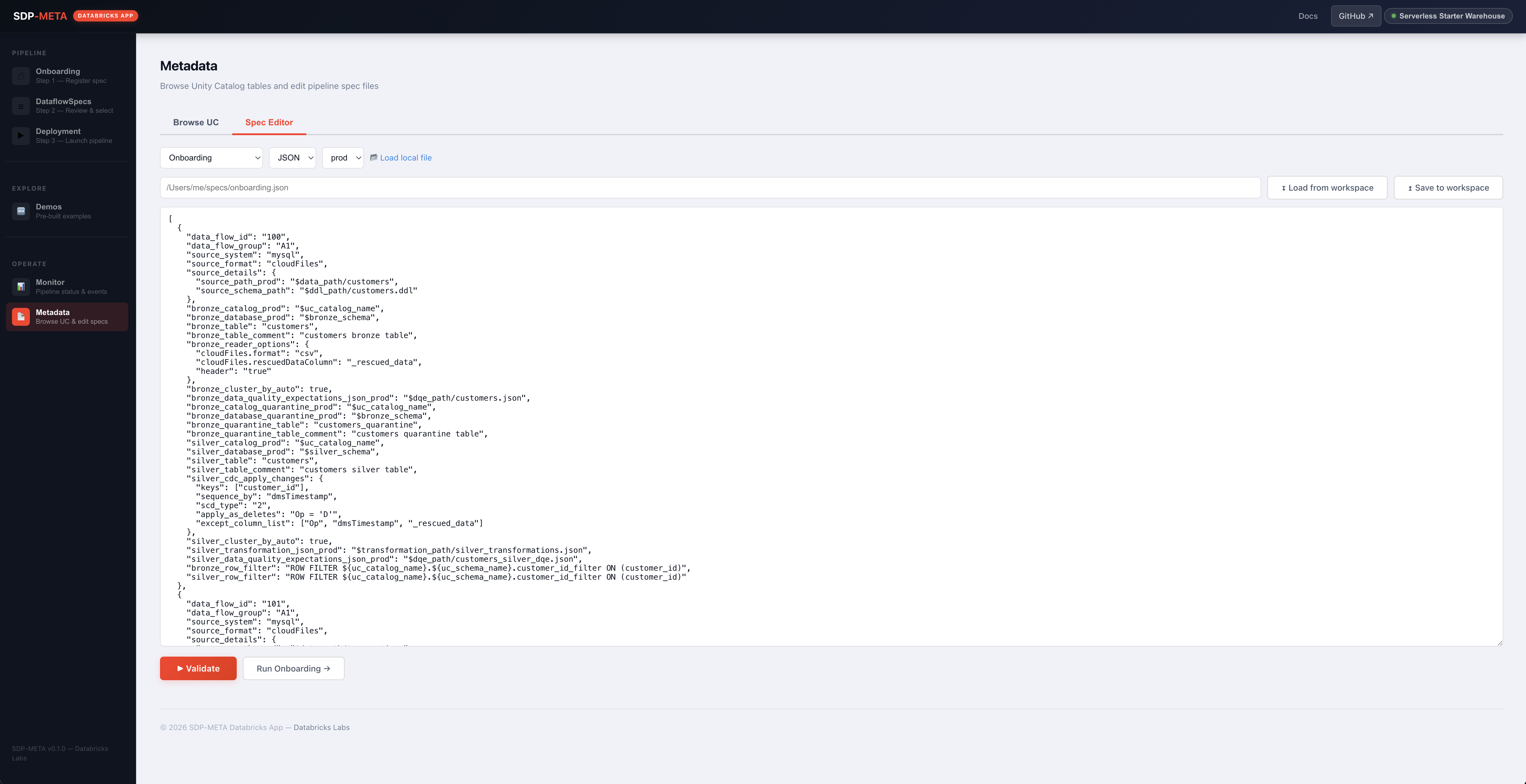 Metadata — Spec editor with parse / validate output