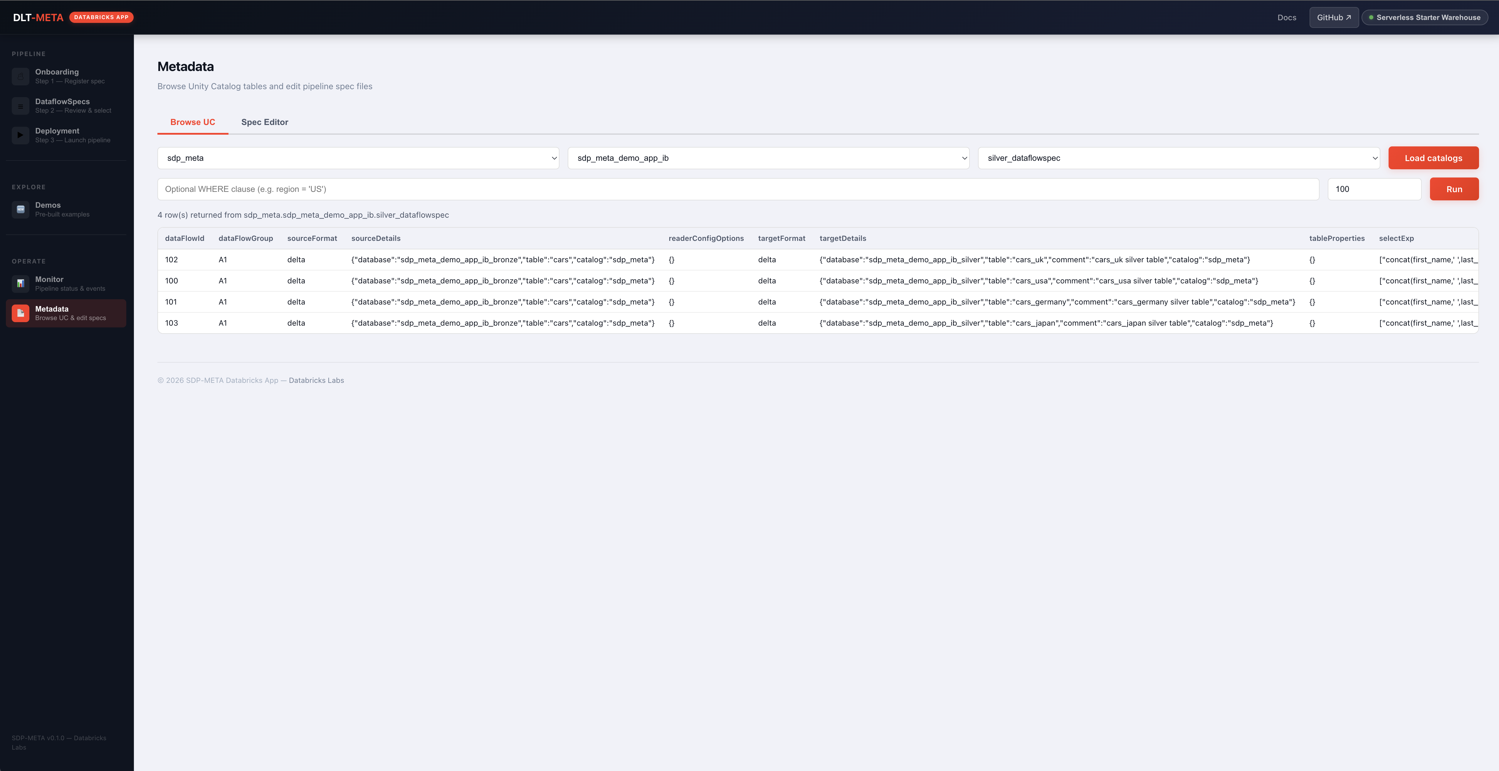 Metadata — UC browse with cascading catalog/schema/table dropdowns